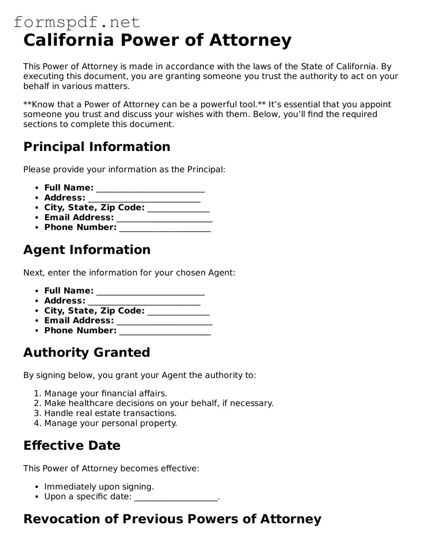 Free  Power of Attorney Form for California