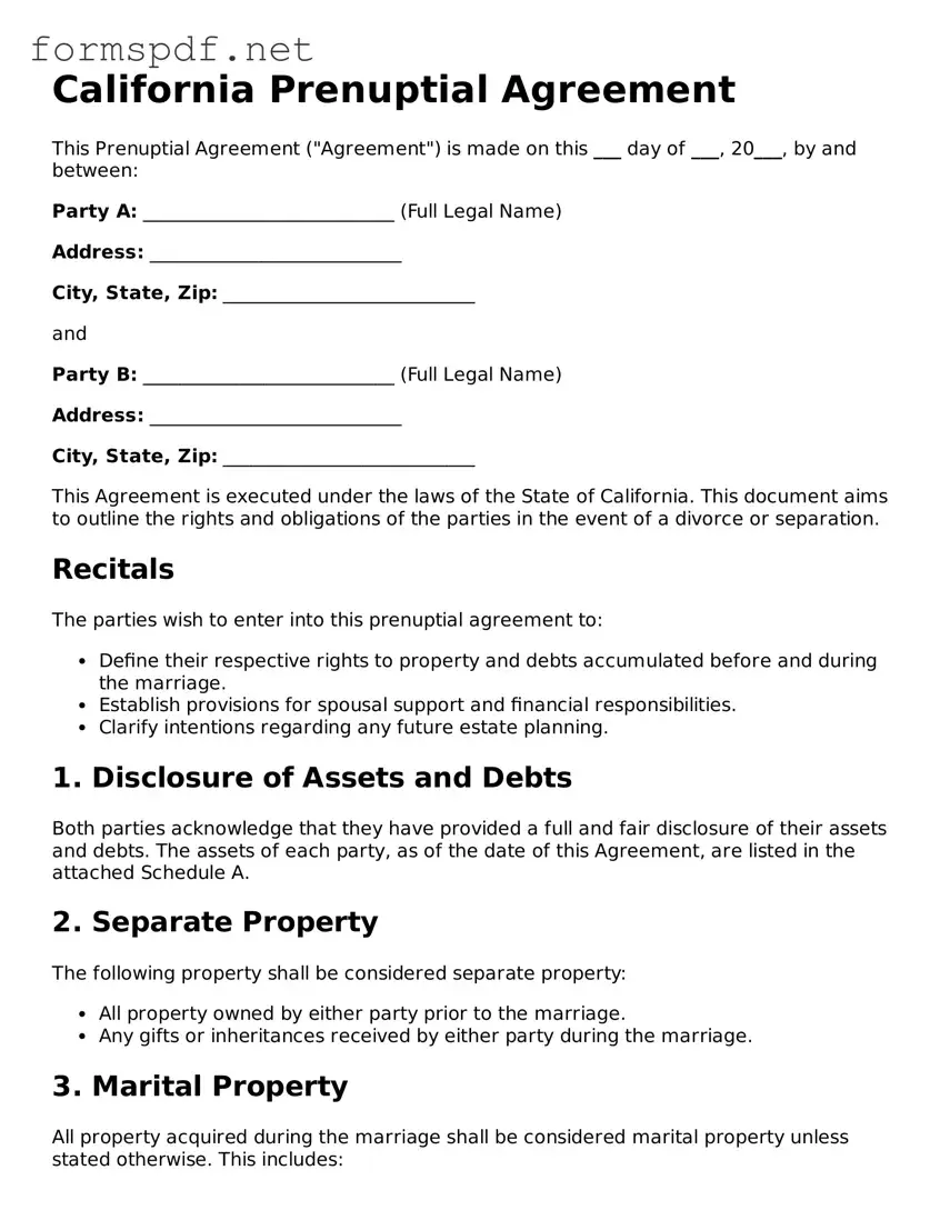 Free  Prenuptial Agreement Form for California