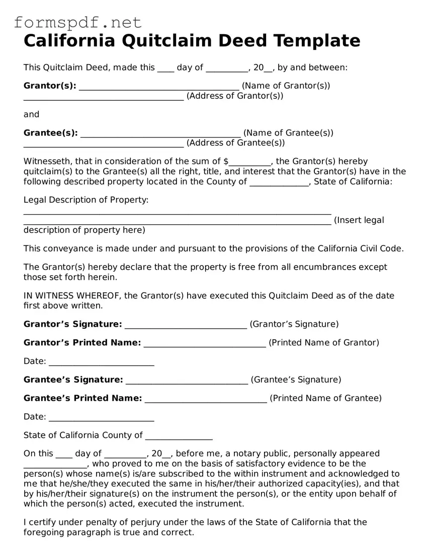 Free  Quitclaim Deed Form for California
