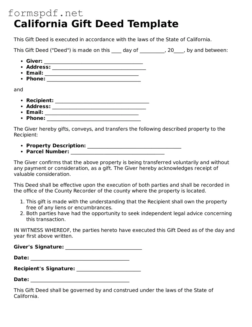 Free  Gift Deed Form for California