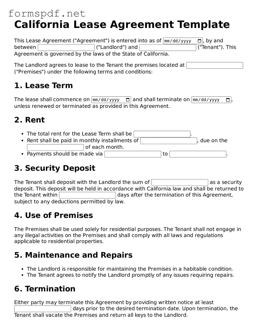 Free  Lease Agreement Form for California