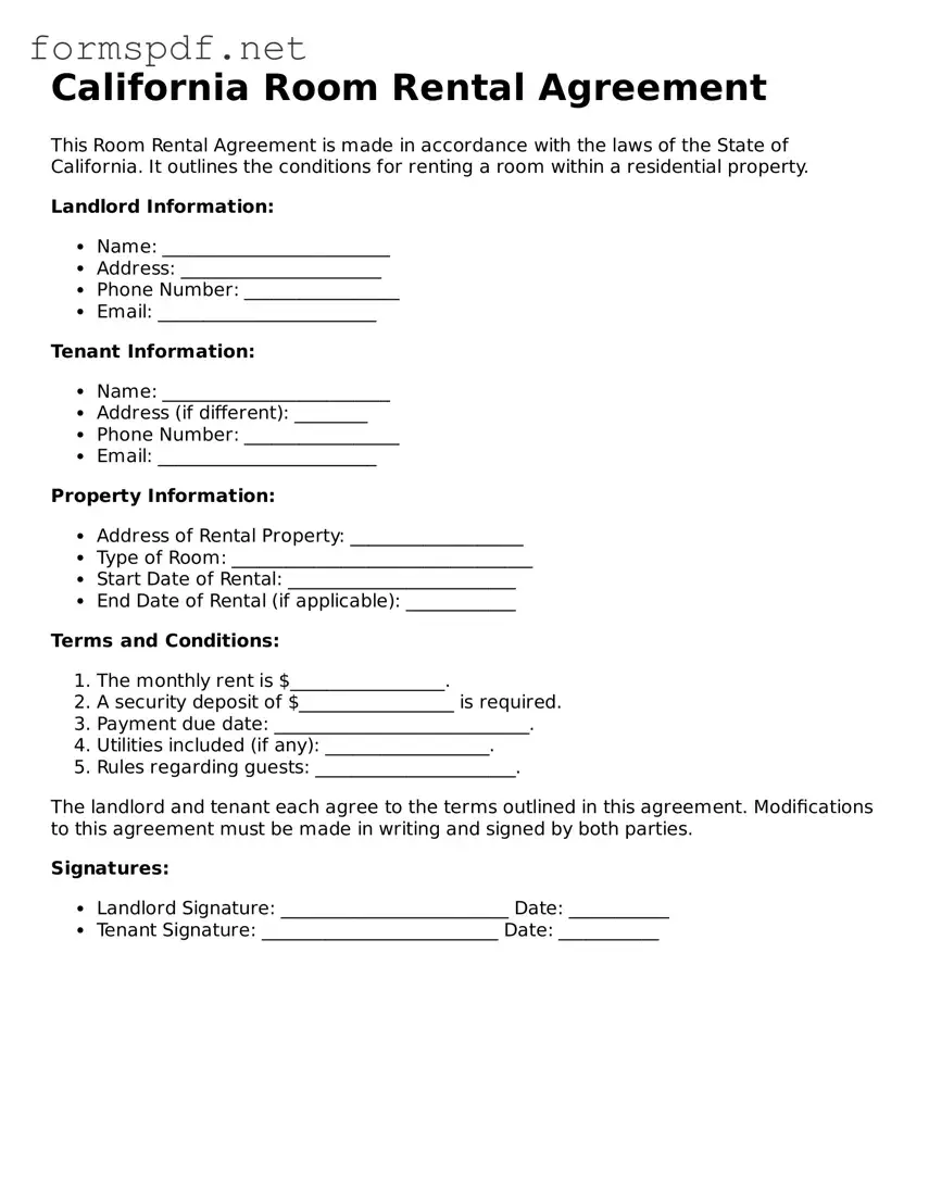 Free Room Rental Agreement Form for California