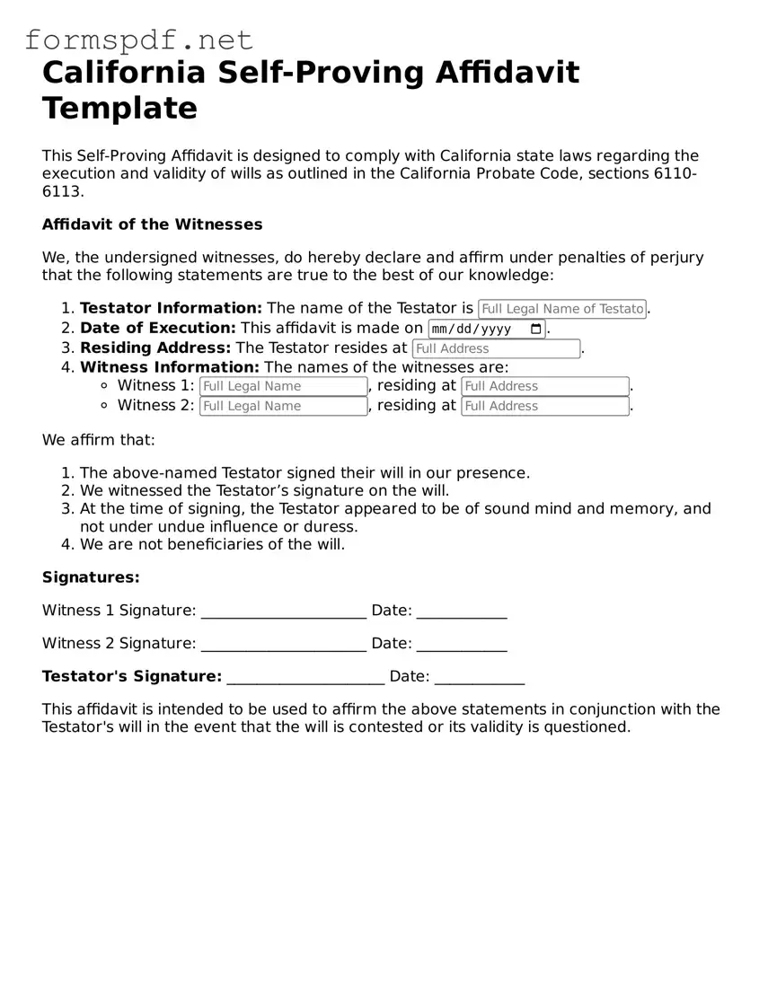 Free  Self-Proving Affidavit Form for California