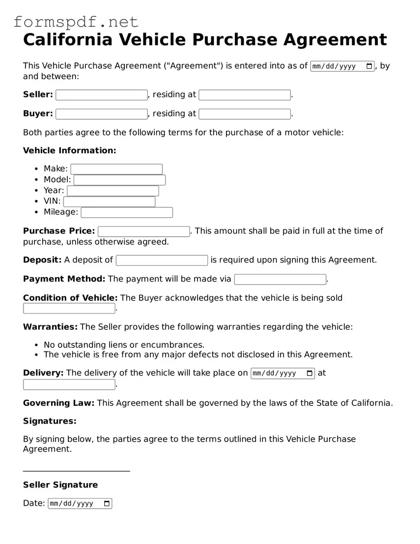 Free Vehicle Purchase Agreement Form for California