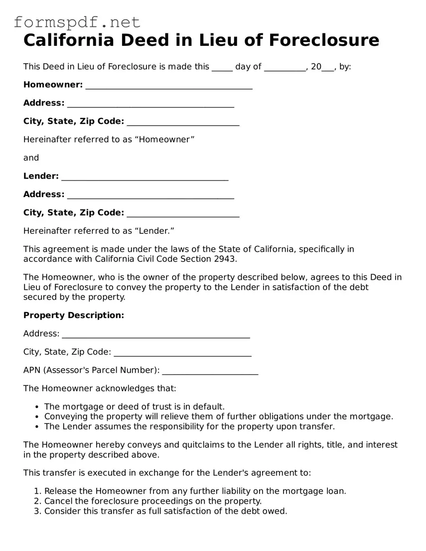 Free  Deed in Lieu of Foreclosure Form for California