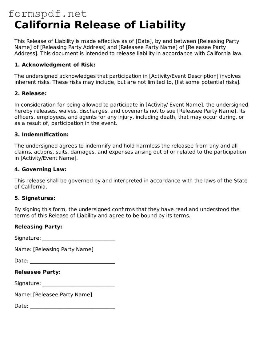 Free  Release of Liability Form for California