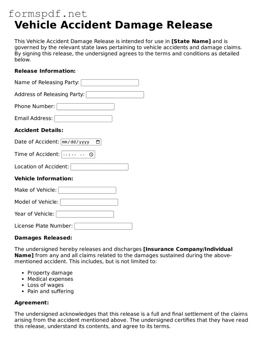 Fillable Vehicle Accident Damage Release Form