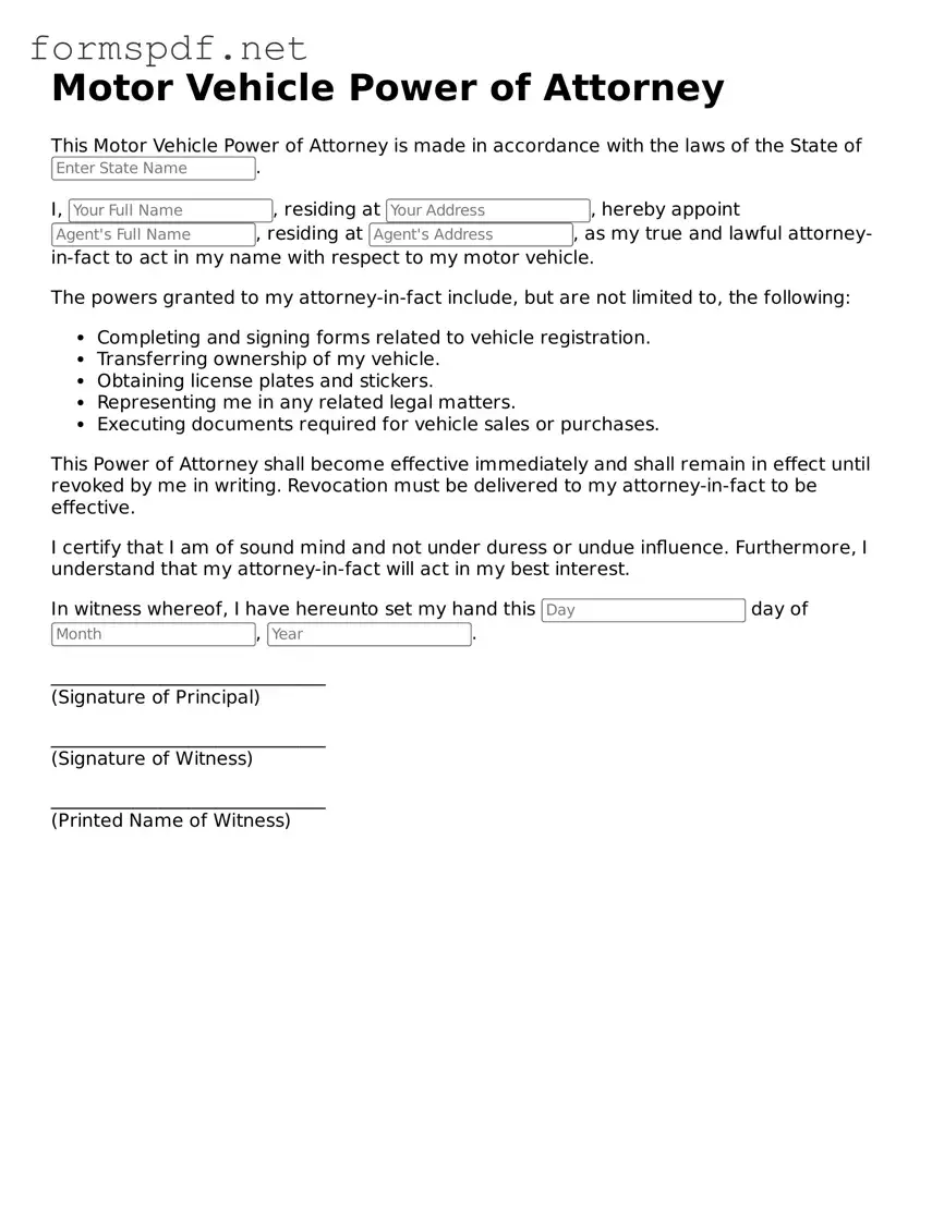 Fillable Motor Vehicle Power of Attorney Form