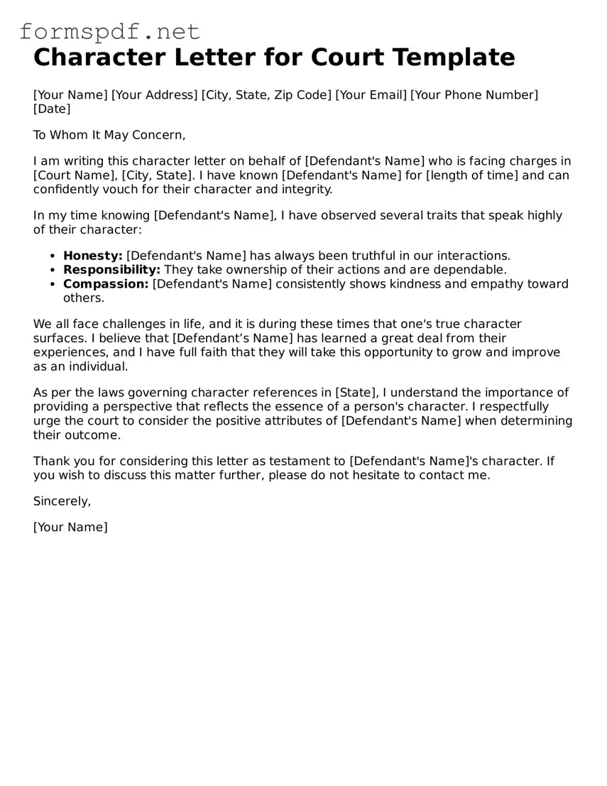 Fillable Character Letter for Court Form