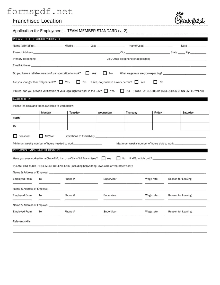 Free Chick Fil A Job Application PDF Form