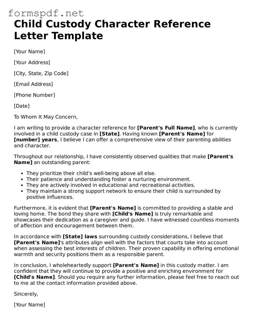 Fillable Character Reference Letter for Child Custody Form