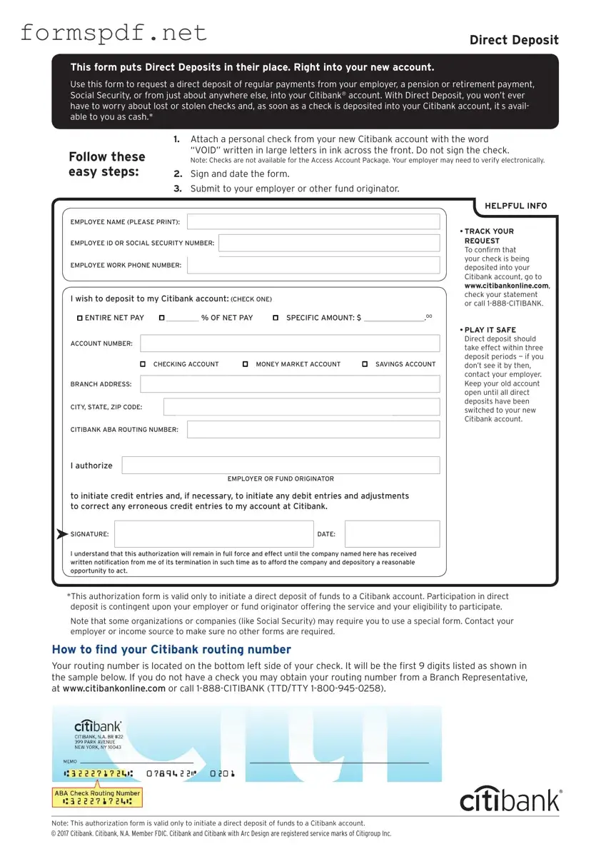 Free Citibank Direct Deposit PDF Form