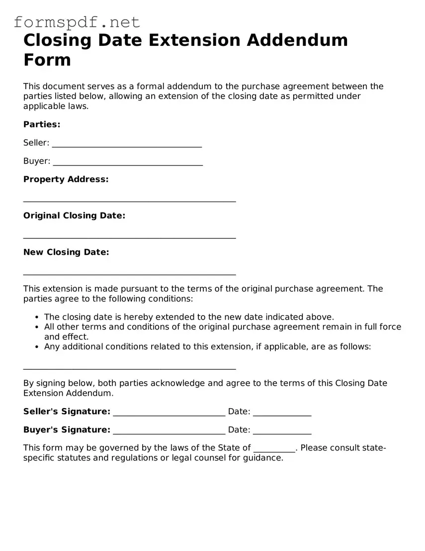 Fillable Closing Date Extension Addendum Form Form