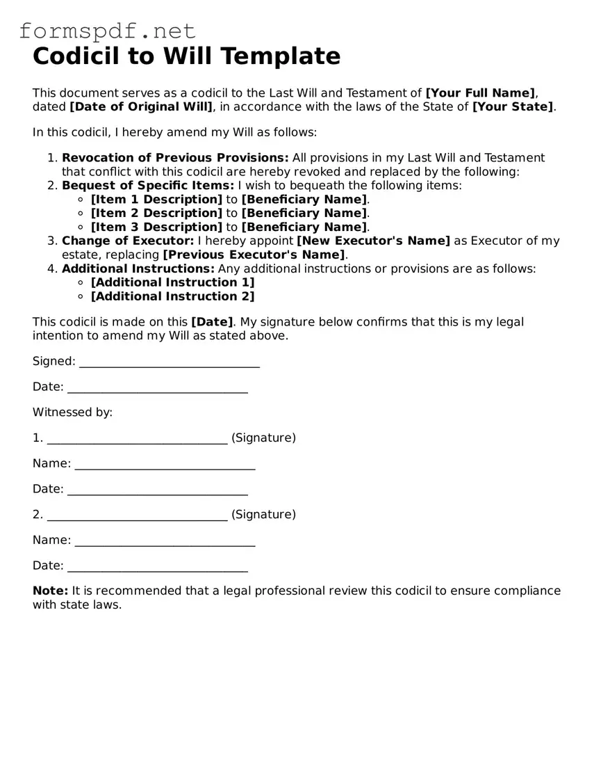 Fillable Codicil to Will Form