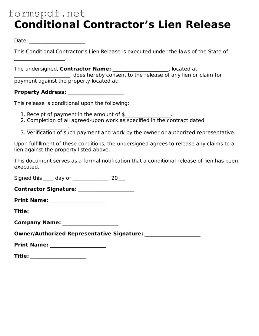 Fillable Conditional Contractor’s Lien Release Form