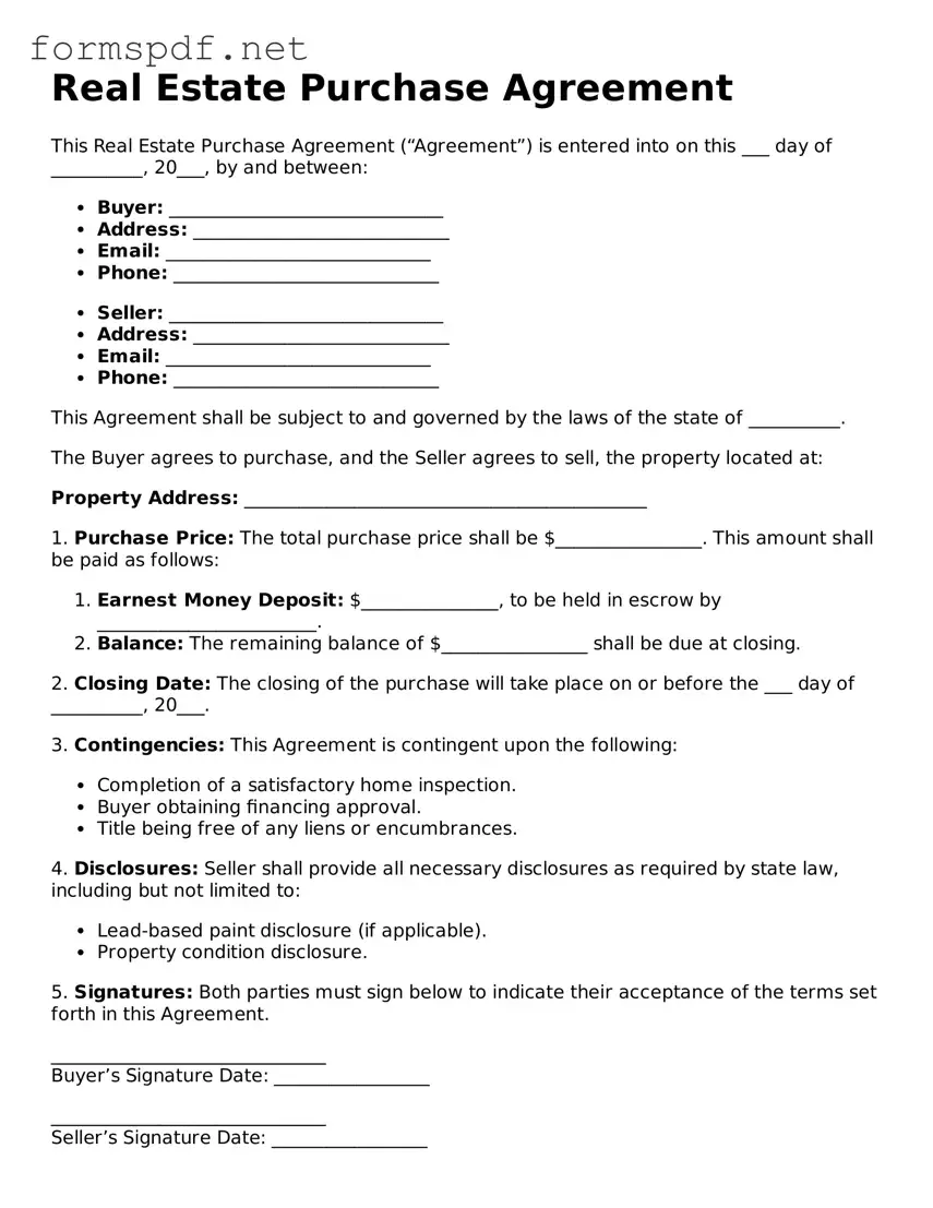 Fillable Real Estate Purchase Agreement Form