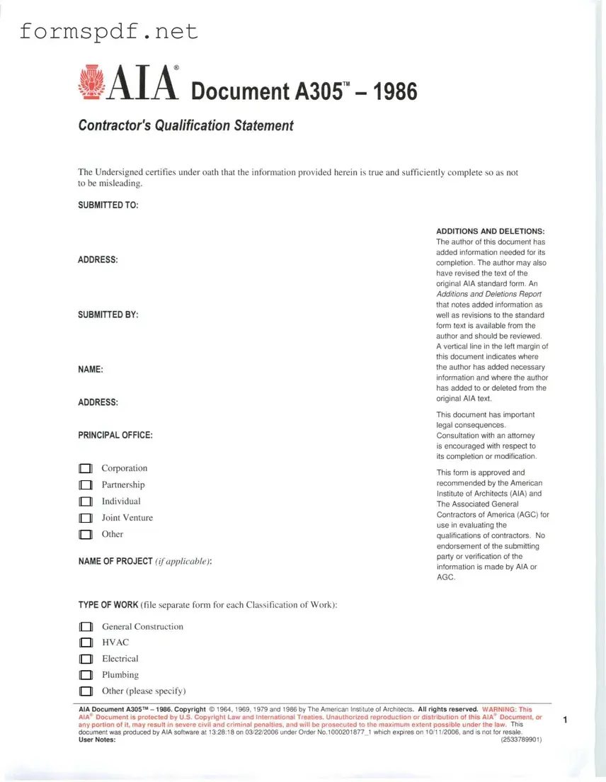 Free AIA A305 PDF Form