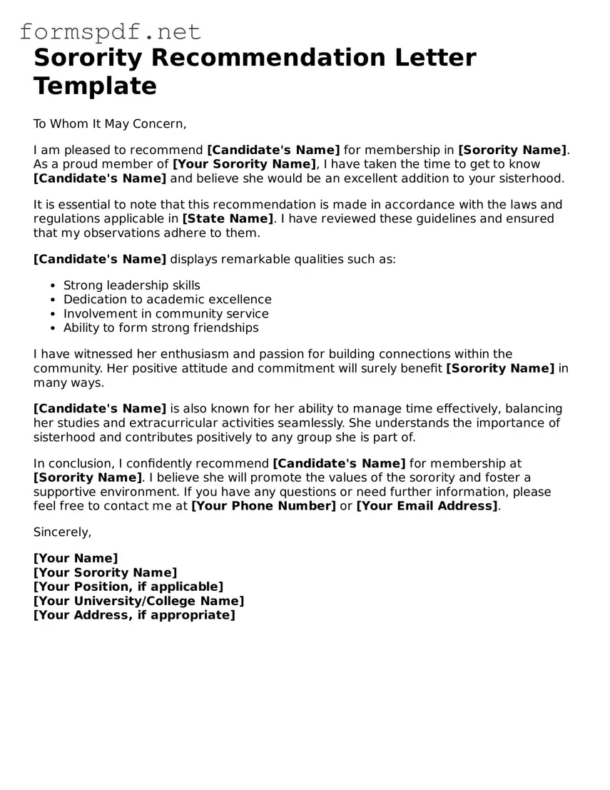 Fillable Sorority Recommendation Letter Form