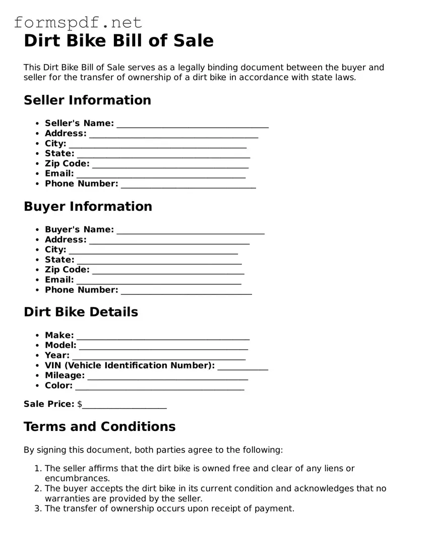 Fillable Dirt Bike Bill of Sale Form