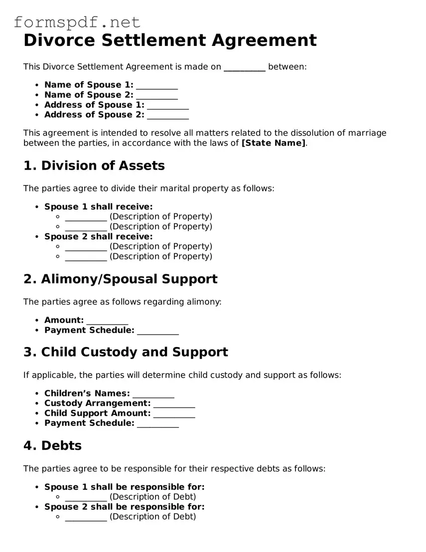 Fillable Divorce Settlement Agreement Form