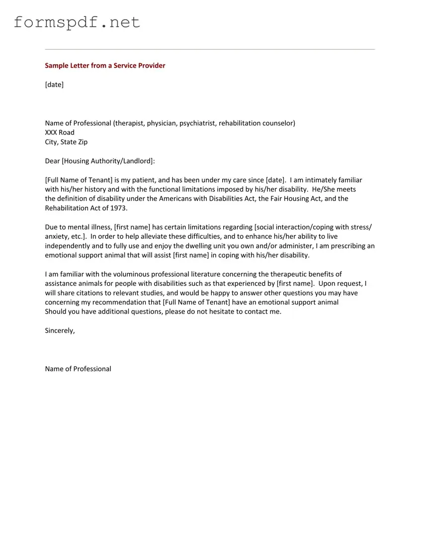 Free Emotional Support Animal Letter PDF Form