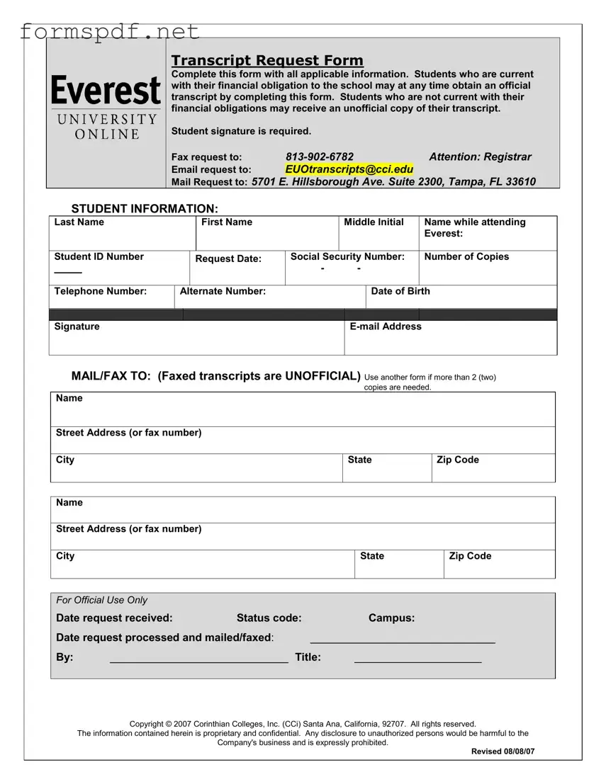Free Everest University Transcript PDF Form