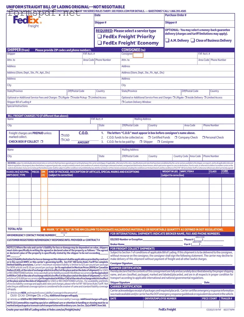 Free Fedex Bill Of Lading PDF Form