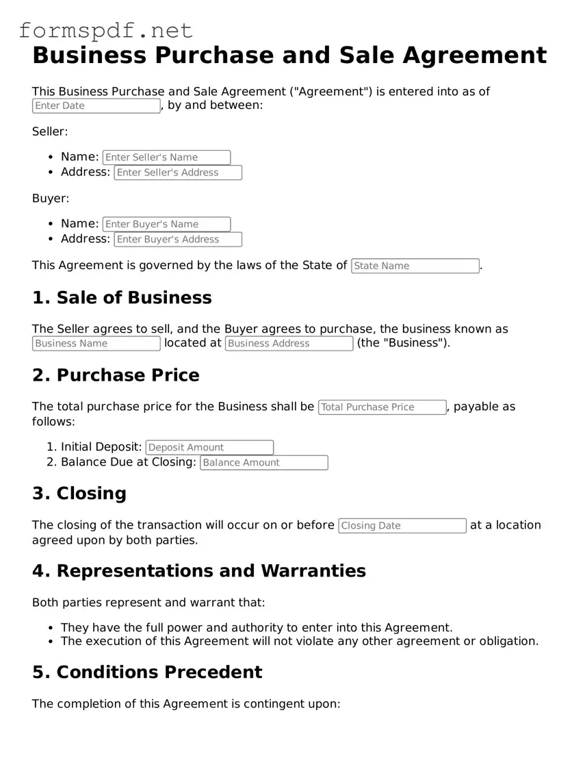 Fillable Business Purchase and Sale Agreement Form