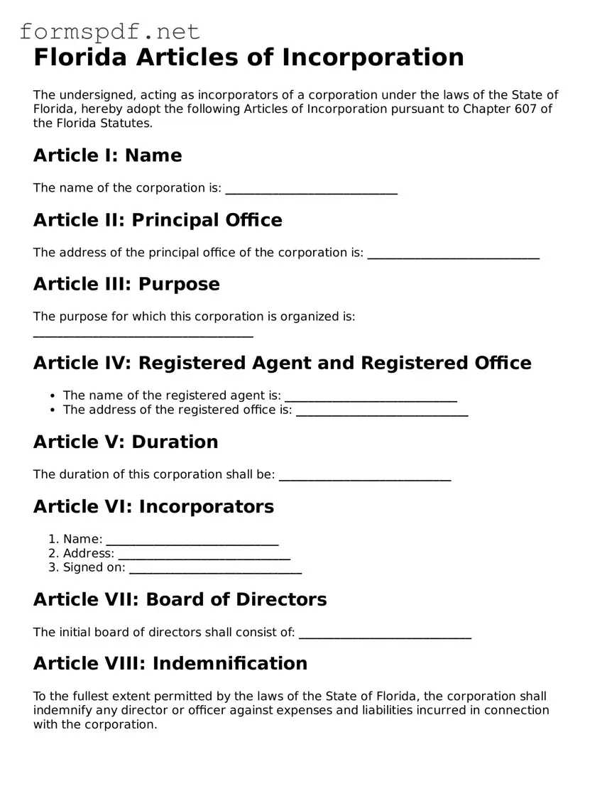 Free  Articles of Incorporation Form for Florida