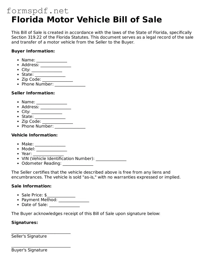 Free  Motor Vehicle Bill of Sale Form for Florida