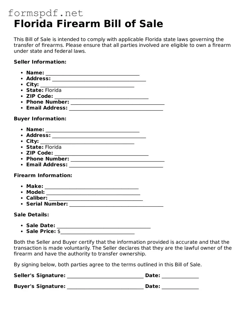 Free  Firearm Bill of Sale Form for Florida