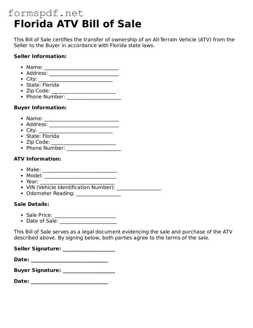 Free  ATV Bill of Sale Form for Florida