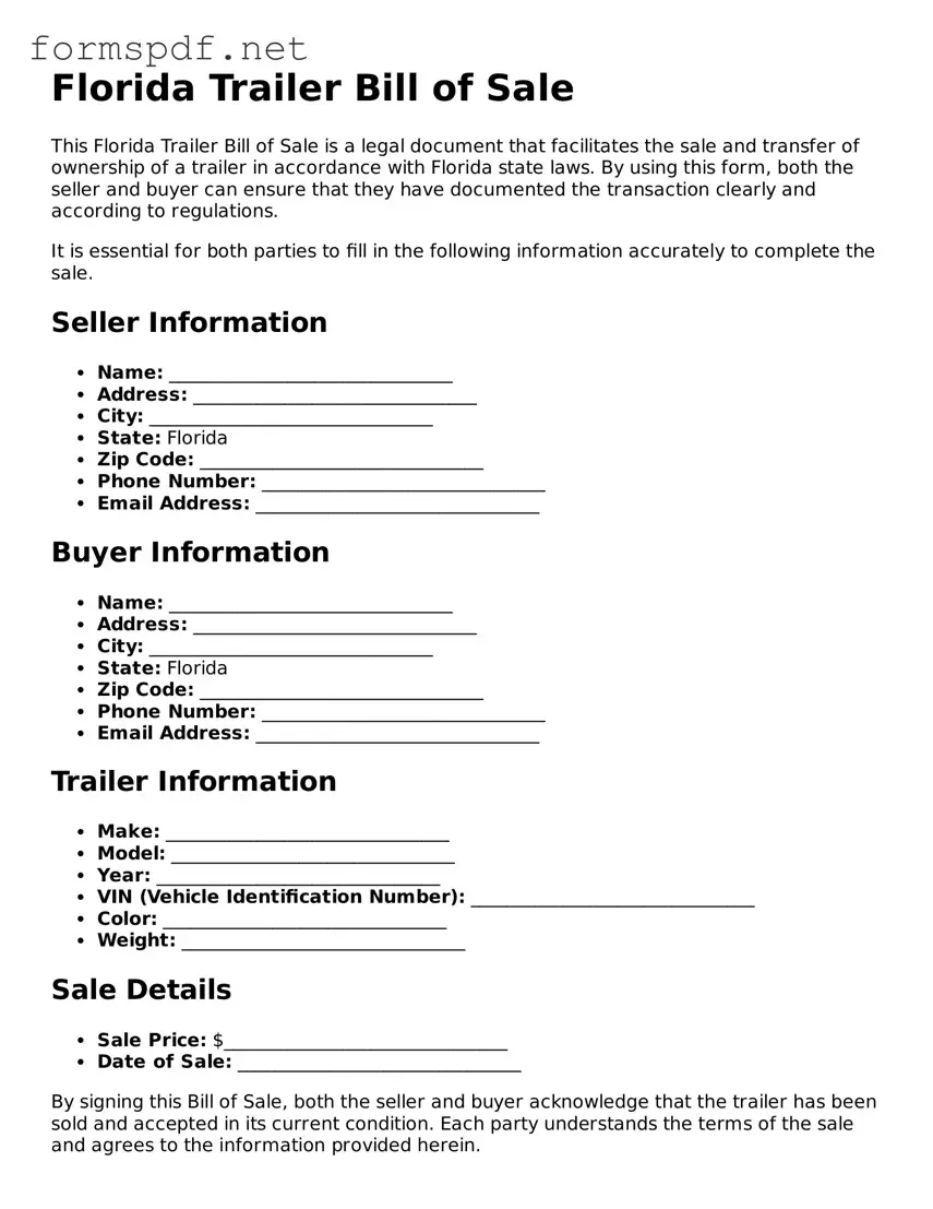 Free  Trailer Bill of Sale Form for Florida