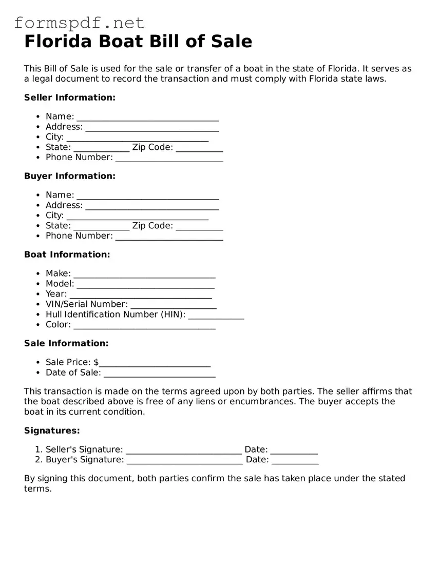 Free  Boat Bill of Sale Form for Florida