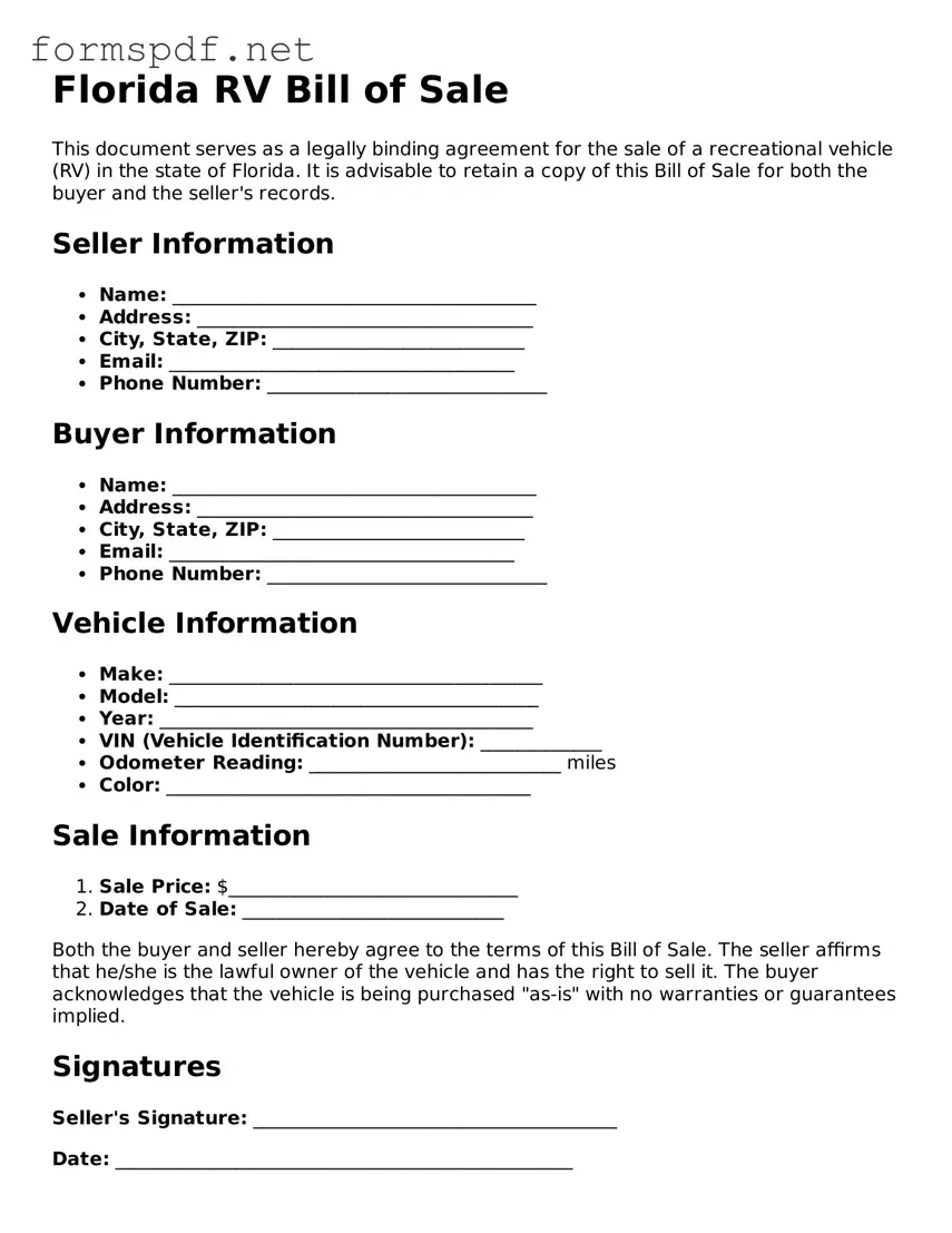 Free  RV Bill of Sale Form for Florida