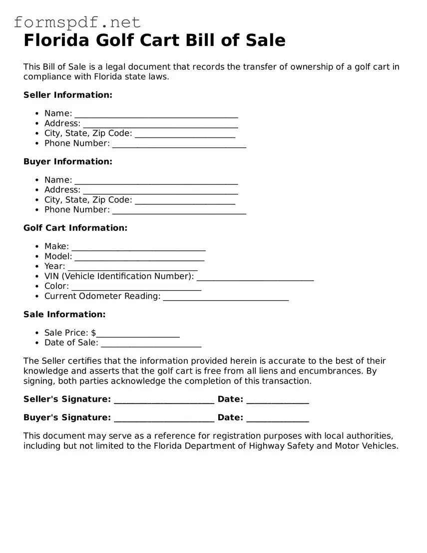 Free  Golf Cart Bill of Sale Form for Florida