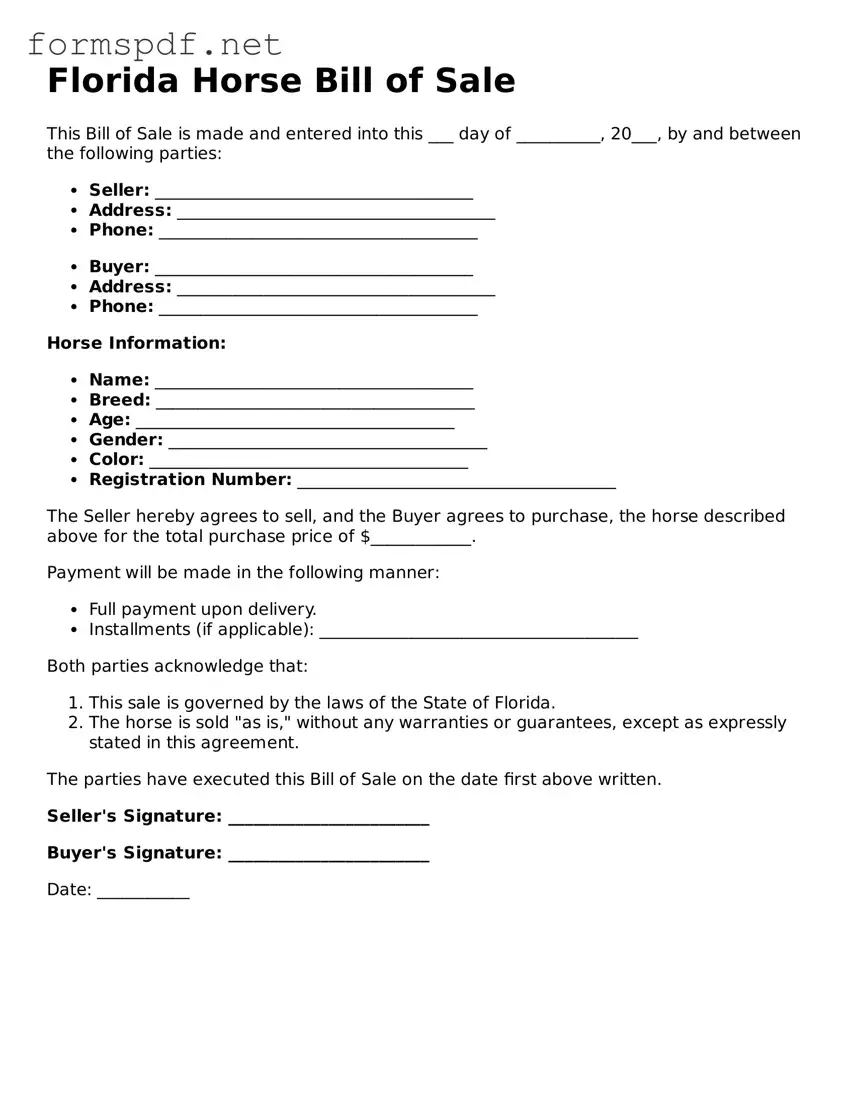 Free  Horse Bill of Sale Form for Florida