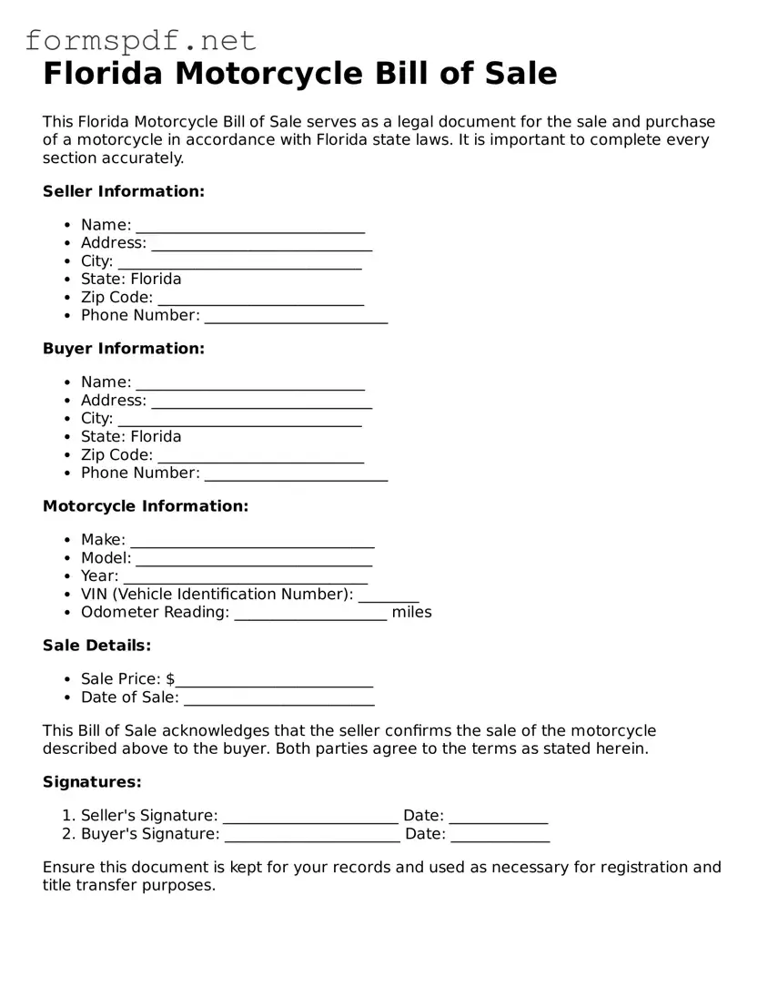 Free Motorcycle Bill of Sale Form for Florida