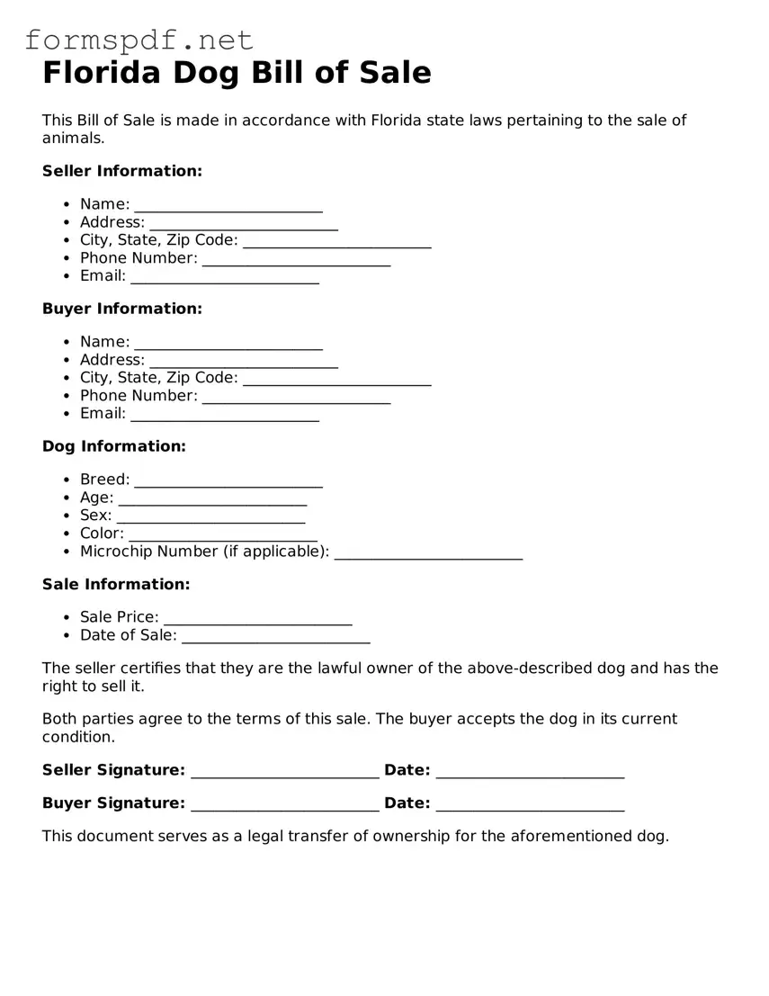 Free  Dog Bill of Sale Form for Florida