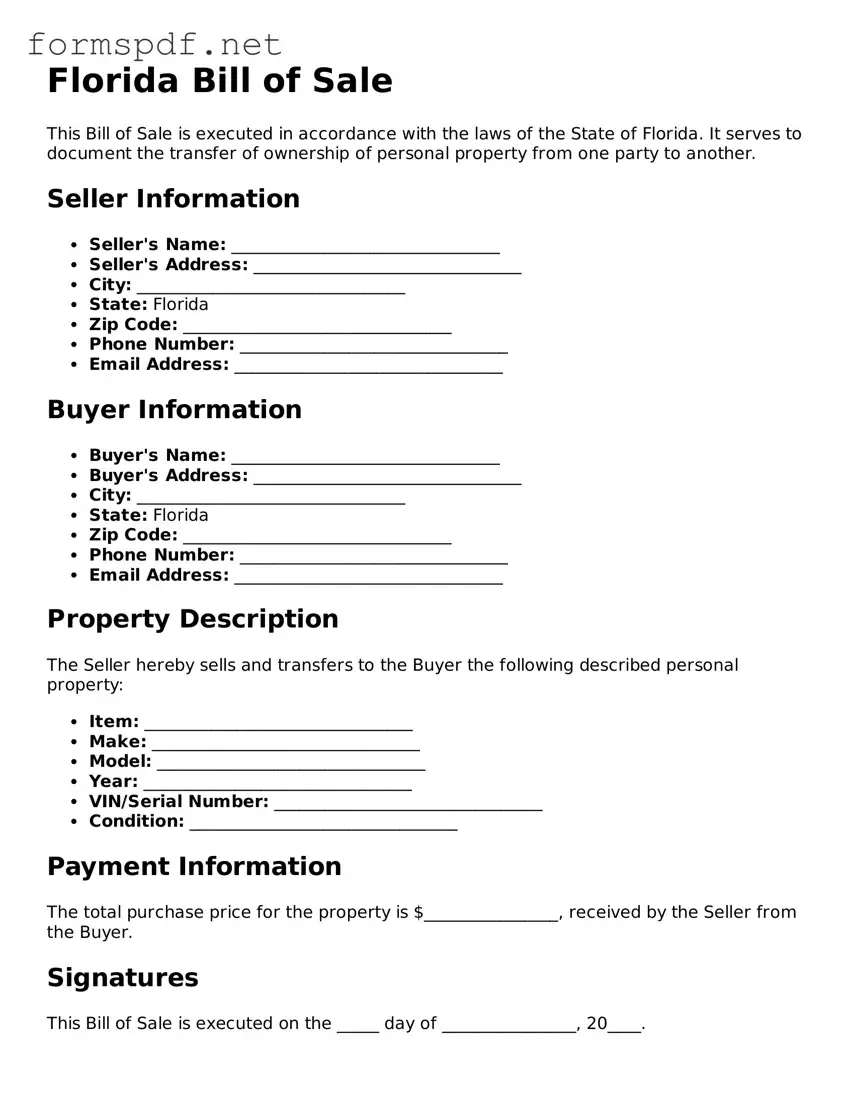 Free  Bill of Sale Form for Florida