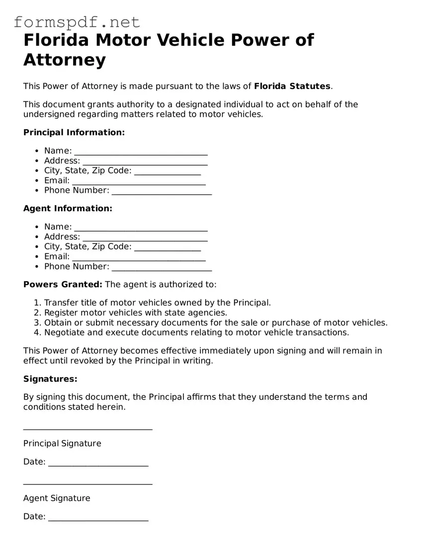 Free  Motor Vehicle Power of Attorney Form for Florida