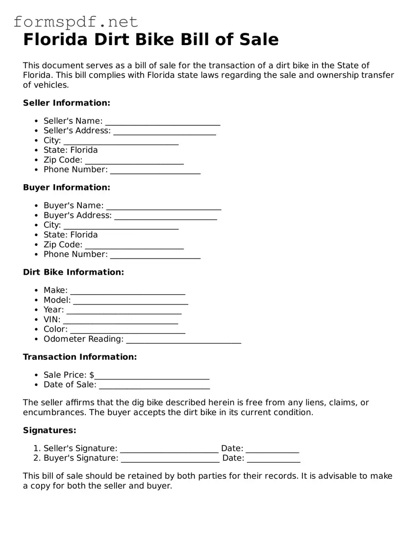 Free  Dirt Bike Bill of Sale Form for Florida