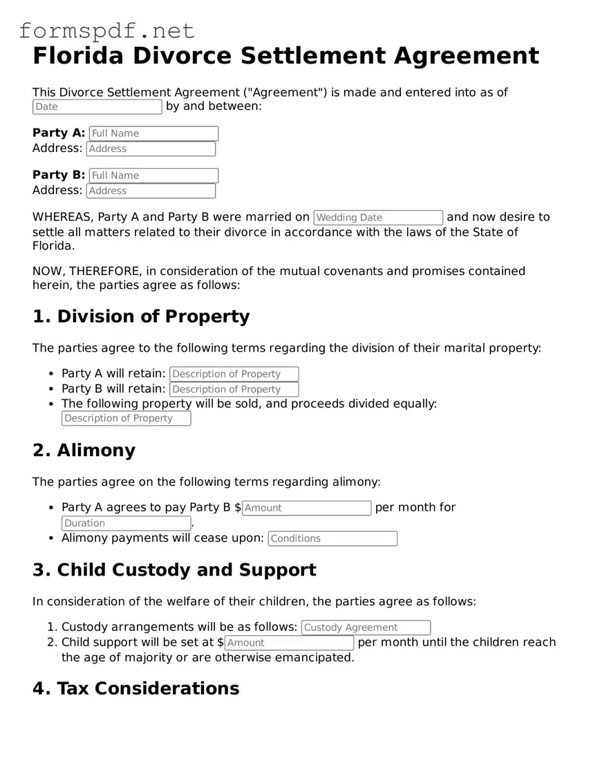 Free Divorce Settlement Agreement Form for Florida