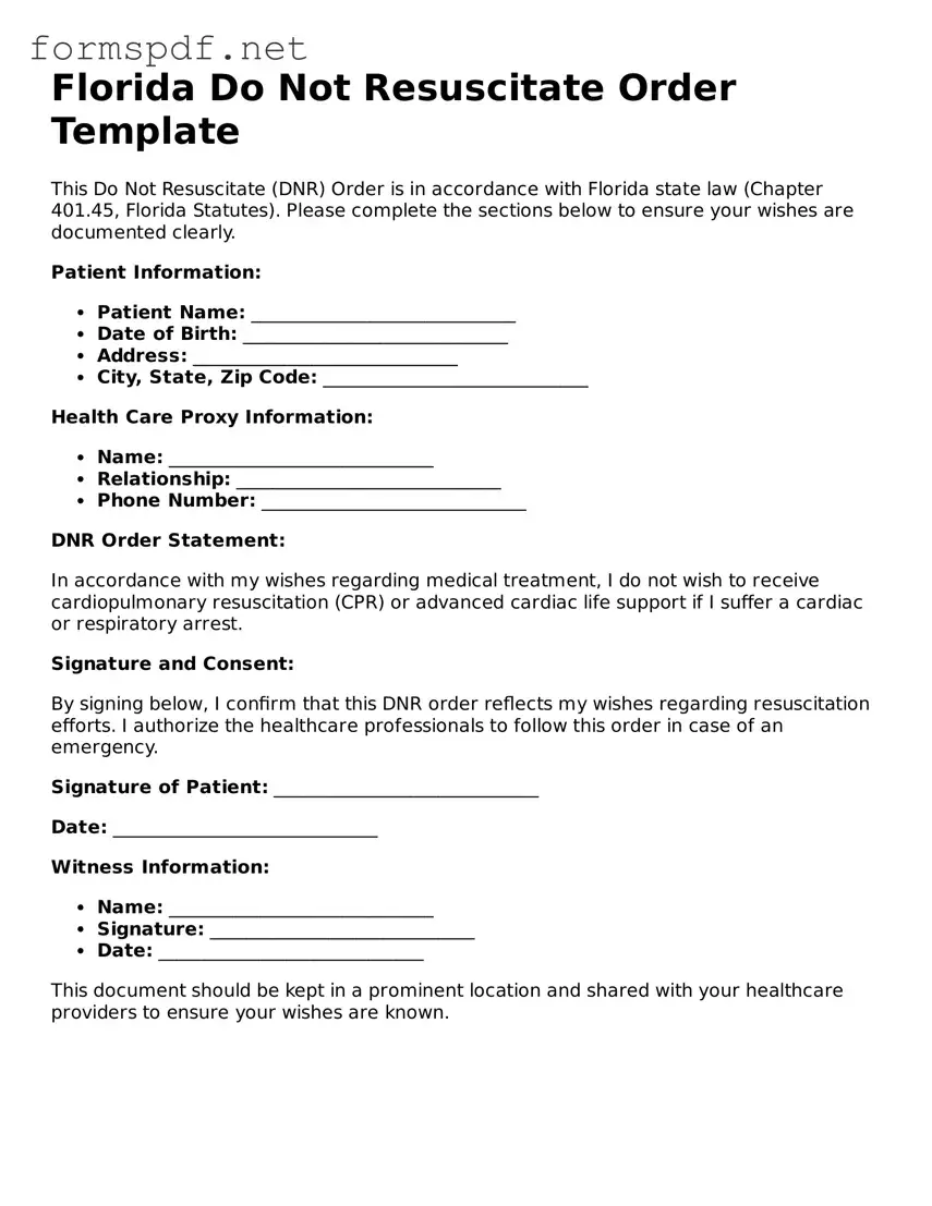 Free  Do Not Resuscitate Order Form for Florida