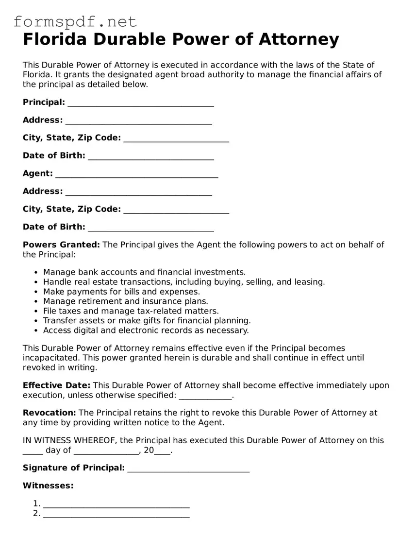 Free  Durable Power of Attorney Form for Florida