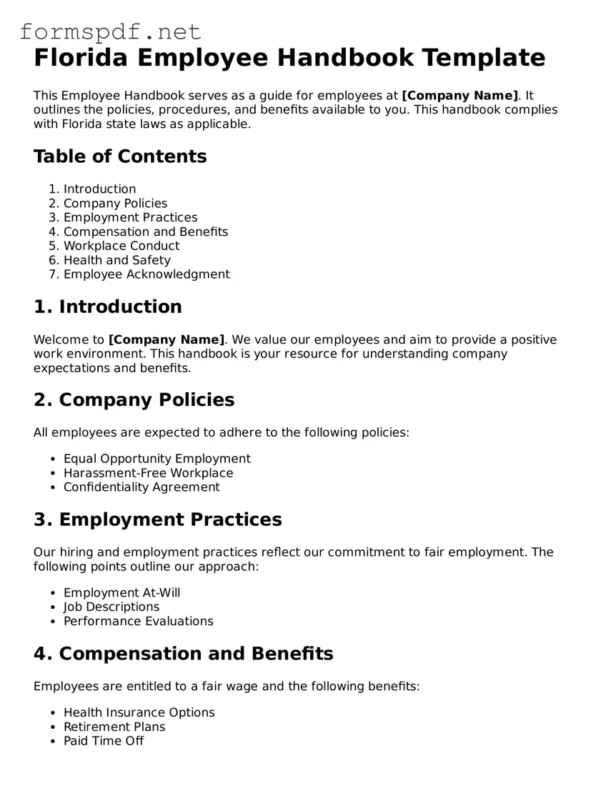 Free  Employee Handbook Form for Florida