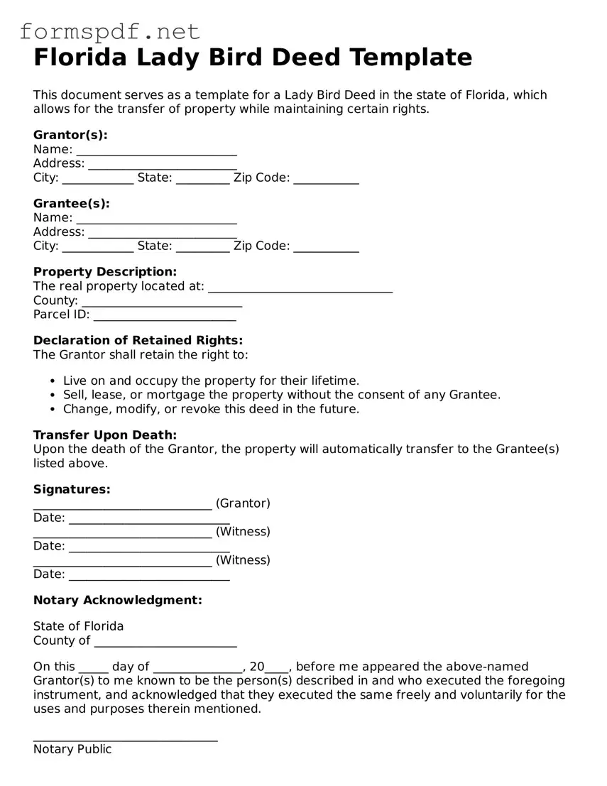 Free  Lady Bird Deed Form for Florida