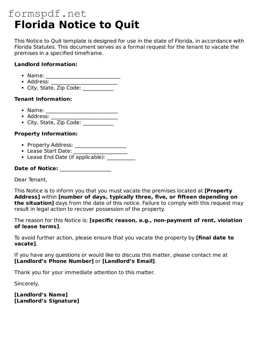Free  Notice to Quit Form for Florida