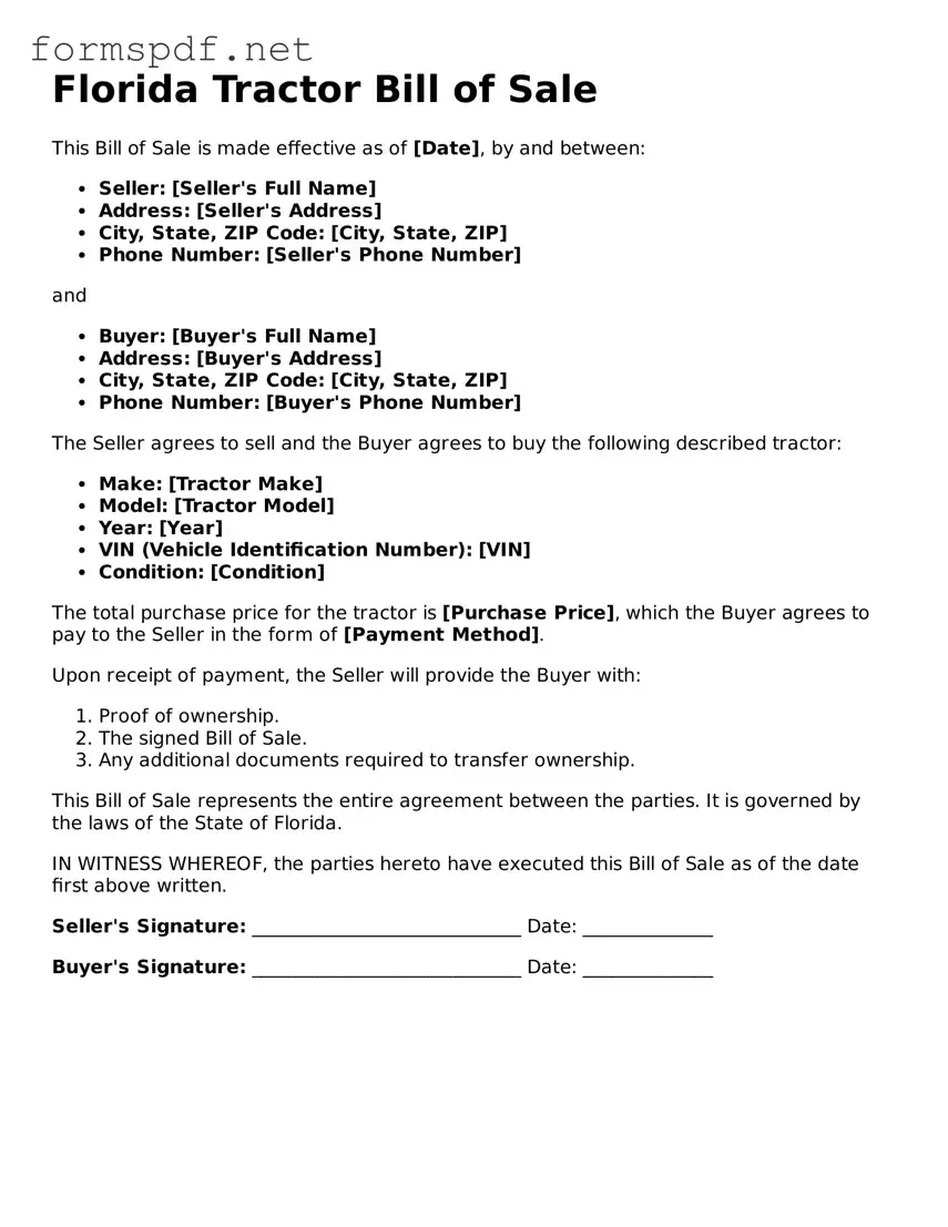 Free  Tractor Bill of Sale Form for Florida