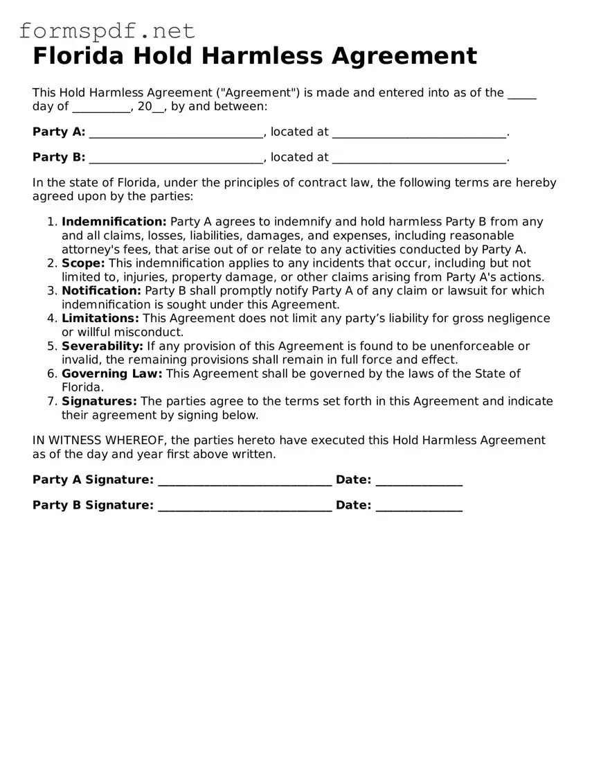 Free  Hold Harmless Agreement Form for Florida